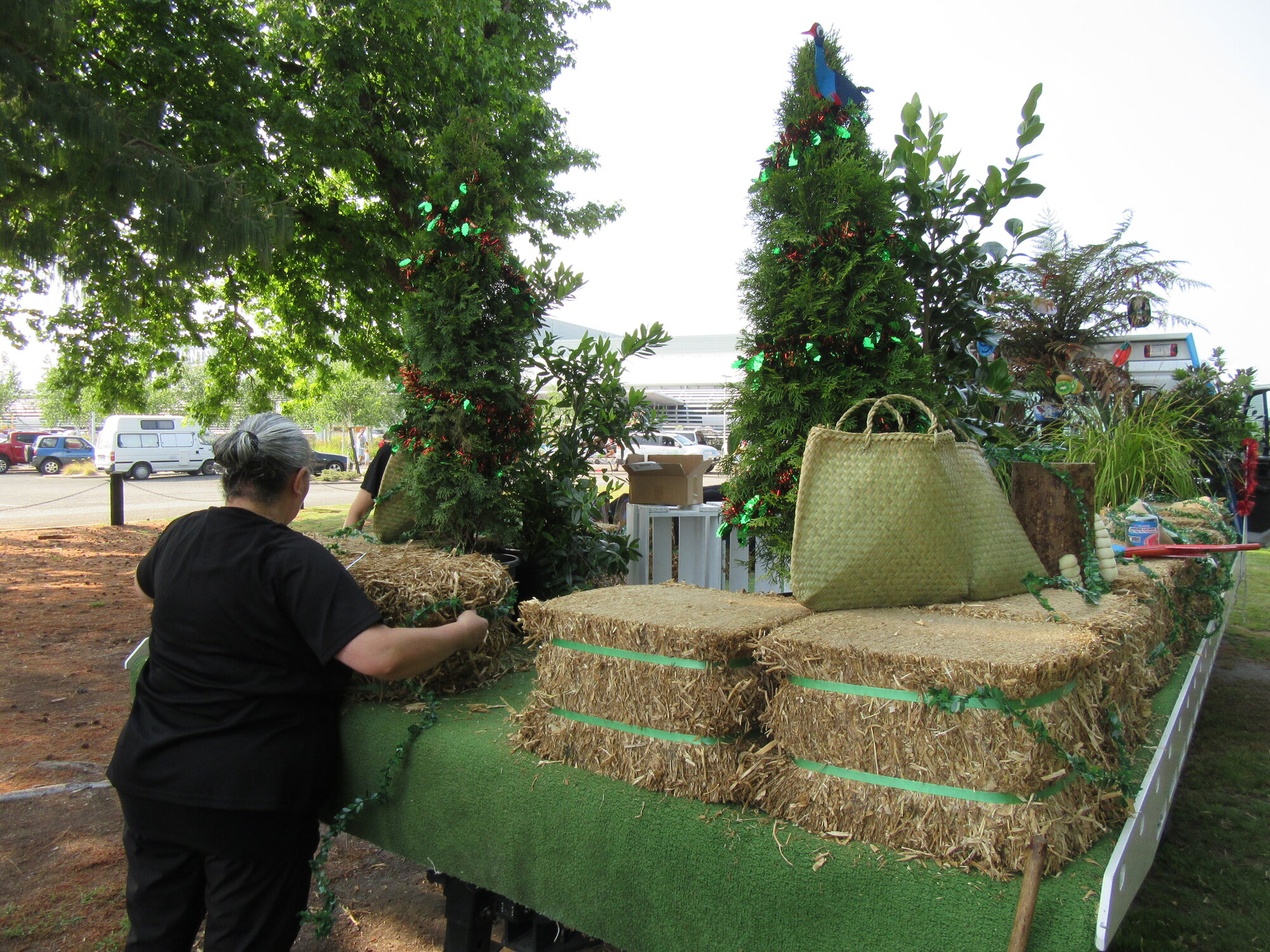 Photograph of the truck being decorated by library staff for the Rotorua Christmas Parade