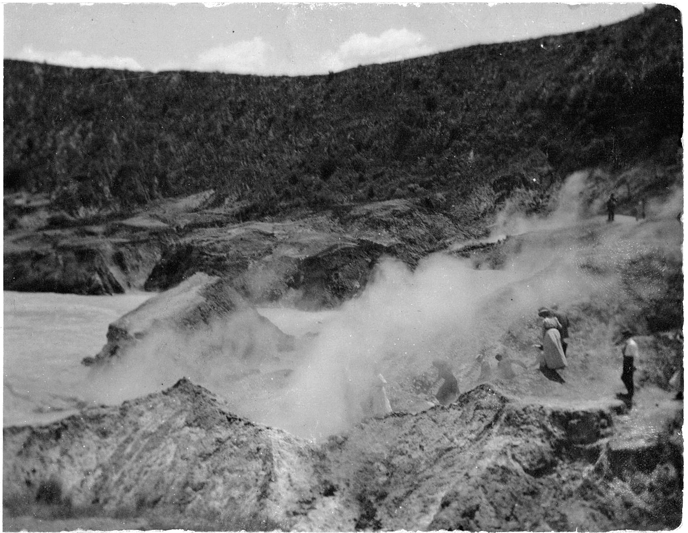 Postcard titled "Exploring the Steaming Cliffs", ca.1910