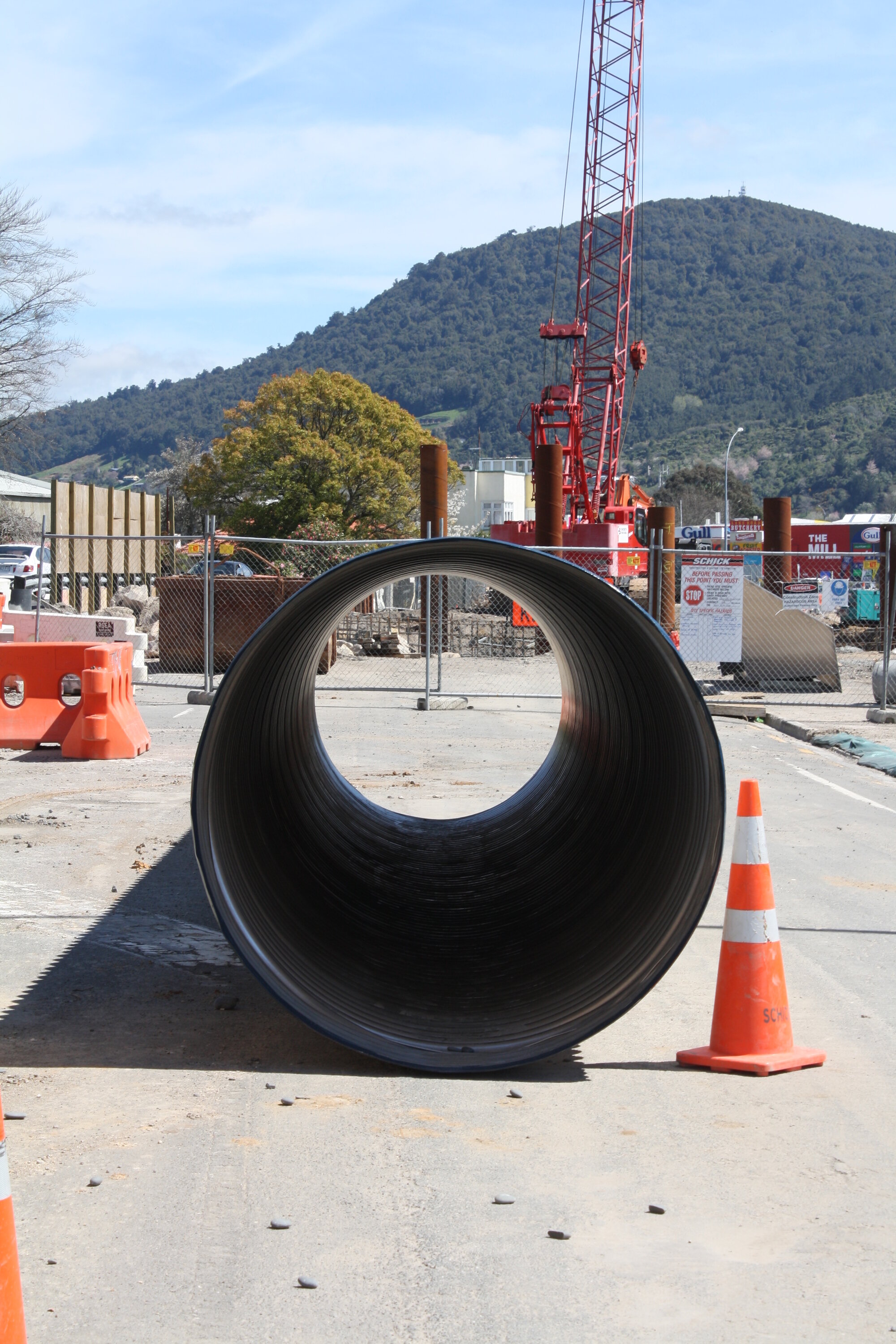 Photograph of the pipe waiting for use at the Utuhina Bridge, 2012