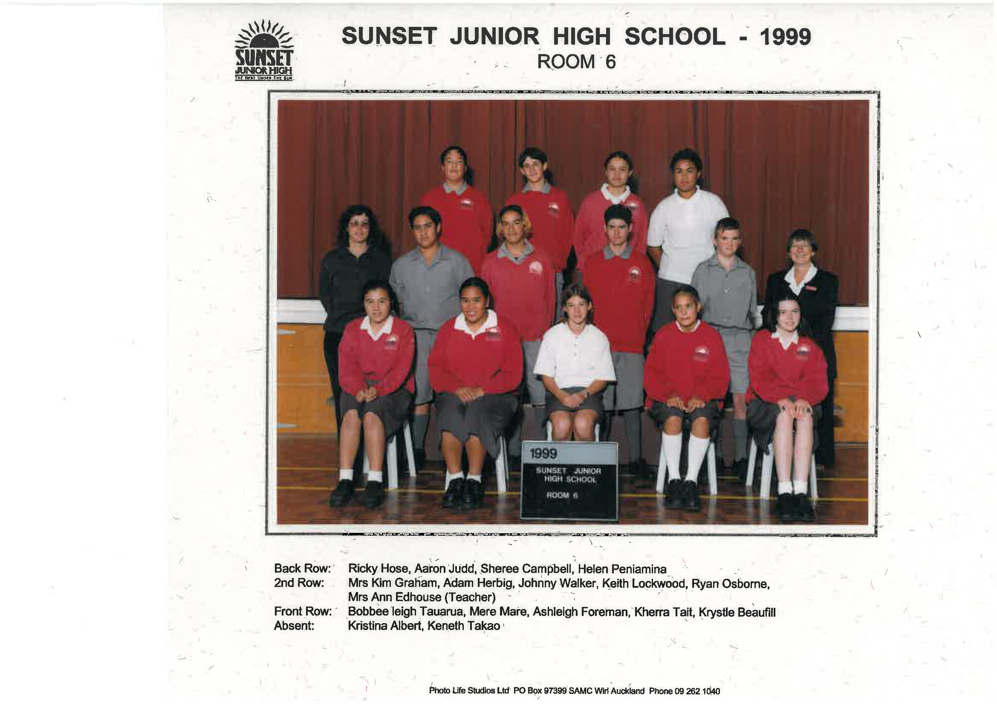 "Sunset Junior High School Room 6 1999"
