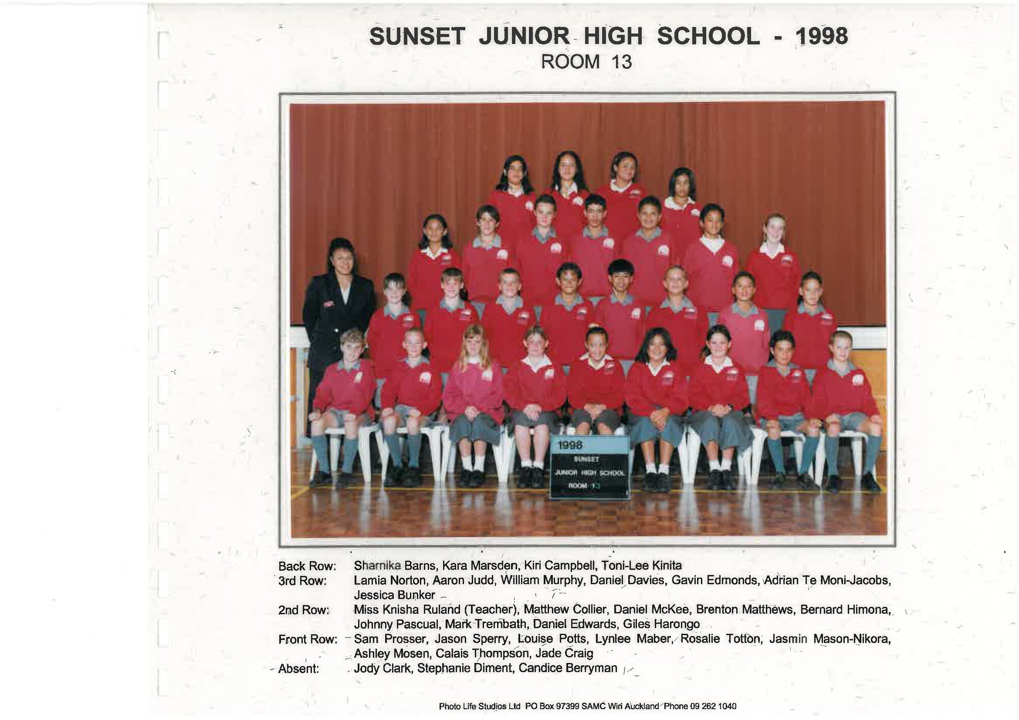 "Sunset Junior High School Room 13 1998"
