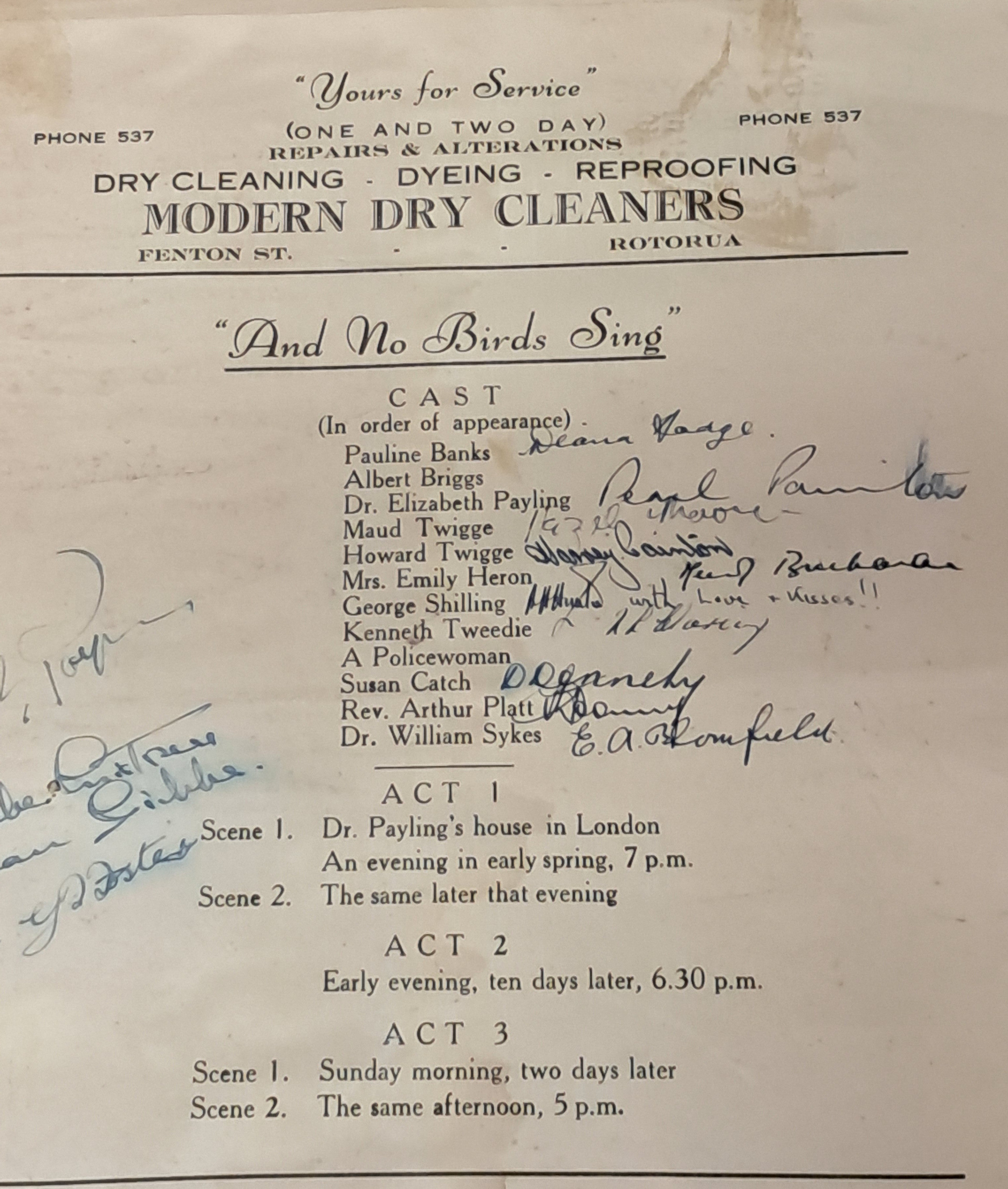 'An No Birds Sing' (1950) signed programme. Rotorua Little Theatre Society.