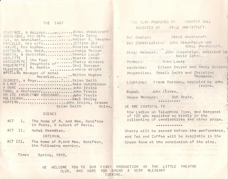 'Hotel Paradiso' (1967), programme. Rotorua Little Theatre Society.