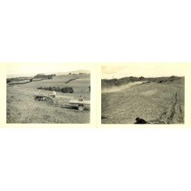 Two small photographs of Tui Ridge Farm showing seed sowing, ca.1957