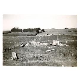 Photograph of Tui Ridge Farm cowshed construction, ca.1958