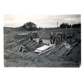 Photograph of Tui Ridge Farm cowshed construction, ca.1958