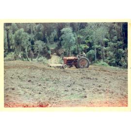 Photograph of Tui Ridge Farm showing a makeshift bridge, ca.1962