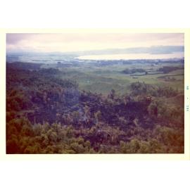 Photograph of Tui Ridge Farm showing the bush burn-off, ca.1966