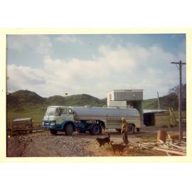 Photograph of Tui Ridge Farm showing the first milk tanker, 1968