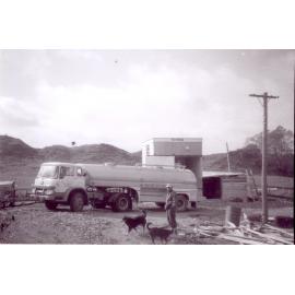 Photograph of Tui Ridge Farm showing the first milk tanker, 1968