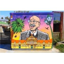 Photograph of a Chorus cabinet painted by local artist, Noomz