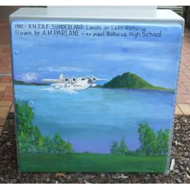 Photograph of a Unison box painted in ca.2017 on the corner of Fenton and Pukaki Streets