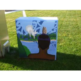 Photograph of a Unison box painted in ca.2017 on the corner of Tutanekai and Hinemoa Streets