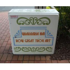 Photograph of a Unison box painted in ca.2017 on the corner of Fenton and Hinemoa Streets