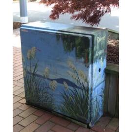 Photograph of a Unison box taken in 2017, depicts Mokoia Island 