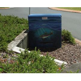 Photograph of a Unison box painted in ca.2017 on the corner of Amohia and Hinemoa Streets