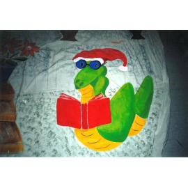 Photograph of the bookworm painted  on the side of the Rotorua Public Library Rotorua Christmas Parade float