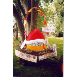 Photograph of the library float trailor with Fletcher's egg for the Rotorua Christmas Parade