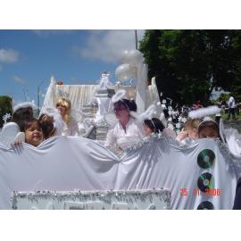 Photograph of the library float in the Rotorua Christmas Parade on the road