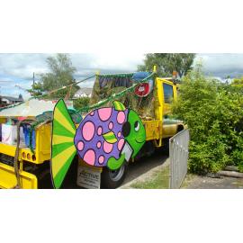 Photograph of the library float for the Rotorua Christmas Parade being constructed