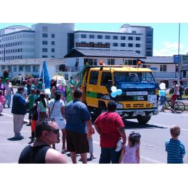 Photograph of the library float for the Rotorua Christmas Parade on the road