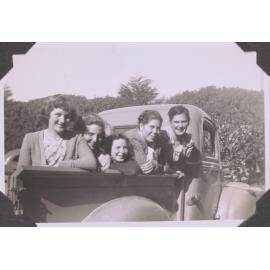 Black and white photograph of six-form students on a weekend at Ōhope titled "In the truck at headquarters"