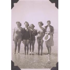 Black and white photograph of six-form students on a weekend at Ōhope titled "Swimming — brave souls!"