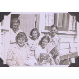 Black and white photograph of six-form students titled "Setting out on Saturday morning Yvonne, Peggy, me, Nancy and Babs"
