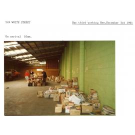 Photograph of storage facility for donated books to be sold 