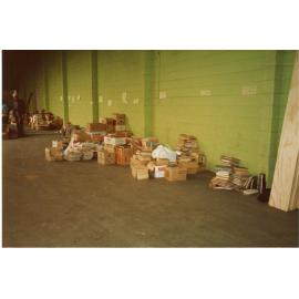 Photograph of storage facility for donated books to be sold 
