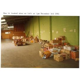Photograph of storage facility for donated books to be sold 