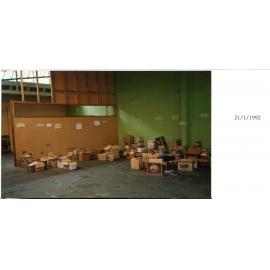 Photograph of storage facility for donated books to be sold 