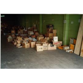 Photograph of storage facility for donated books to be sold 