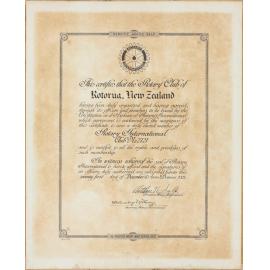 Certificate of Rotary Club of Rotorua inauguration, 1927