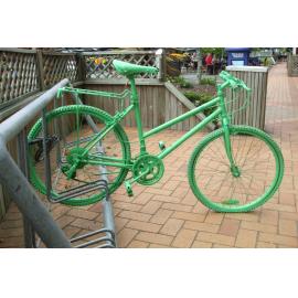Photograph of old painted bicycle parked on the corner of Tutanekai and Whakaue Streets