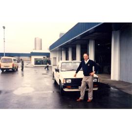 Photograph of Brian Foster at the Reporoa factory garage, 1980