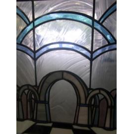 Photograph of stained-glass windows created by John and Jenny Skudder for Rotorua Library
