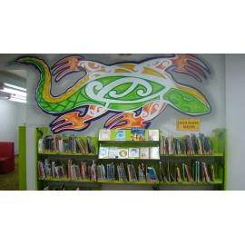 Photograph of a taniwha painted on the Rotorua Library wall
