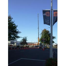 Photograph showing a large crane lowering concrete slabs for the Rotorua Police Station