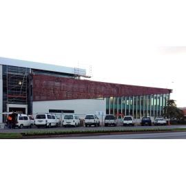 Photograph showing the front of the new Rotorua Police Station, now with the Lyonel Grant designed panel
