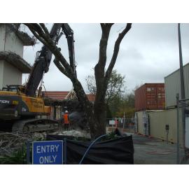 Photograph showing a close up of the crane removing concrete from Community House