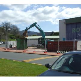 Photograph showing the Soundshell demolition beginning