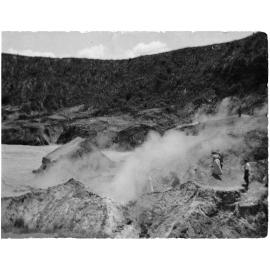 Postcard titled "Exploring the Steaming Cliffs", ca.1910