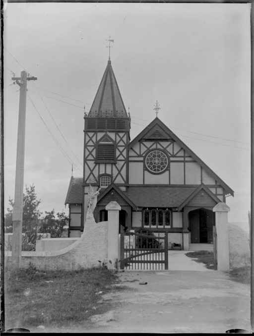 Photograph showing exterior view of the new St Faith's Church at Ōhinemutu. Photographer James Richardson. 'Sir George Grey Special Collections, Auckland Libraries, 4-6187'